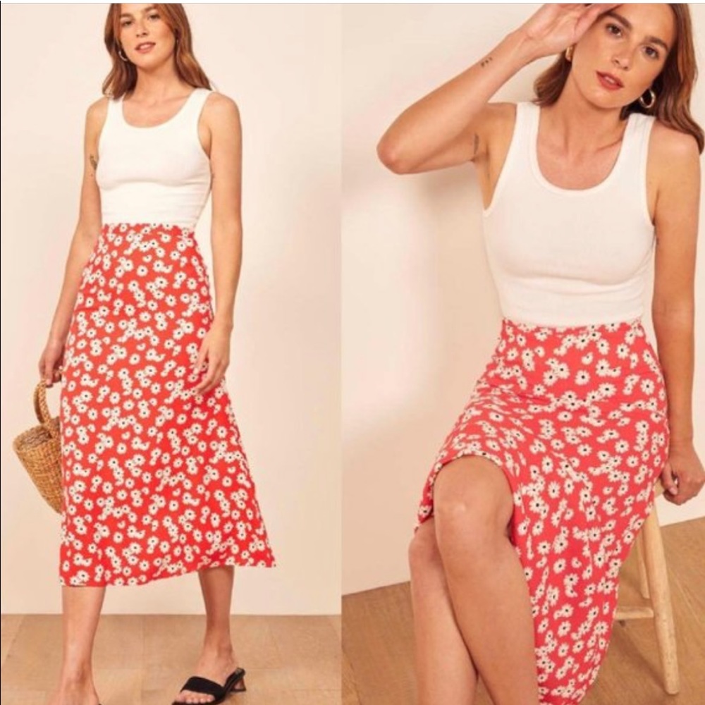 Reformation Red Floral Midi Skirt